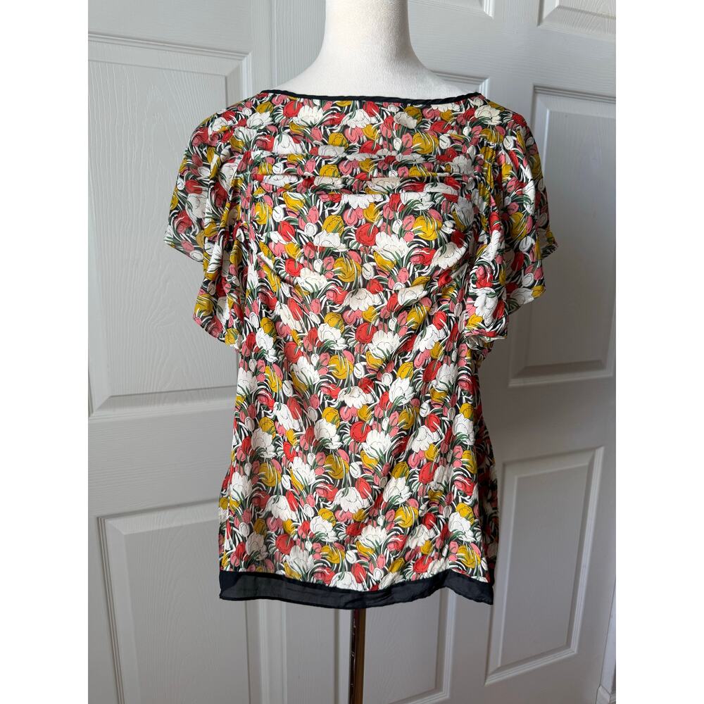 Lil Floral 100% Silk Blouse Womens Sz 6 Flutter Sleeve Draped Top Y2K Whimsy